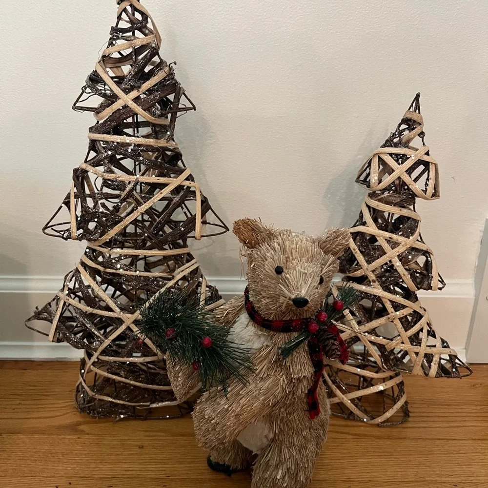 Rustic Holiday Bear with Trees Decor grapevine Christmas